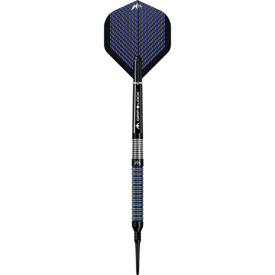 Mission Nightfall Model 1 Softdarts Das Bild zeigt einen Softdart namens "Mission Nightfall Model 1". Der Dart hat schwarze und blaue Akzente sowie eine strukturierte Griffzone.