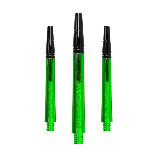 Tiges Harrows Alamo VS2 - Vertes Ein Set langer Dart-Schäfte mit glänzender Textur ist zu sehen. Die Schäfte liegen sortiert nebeneinander.