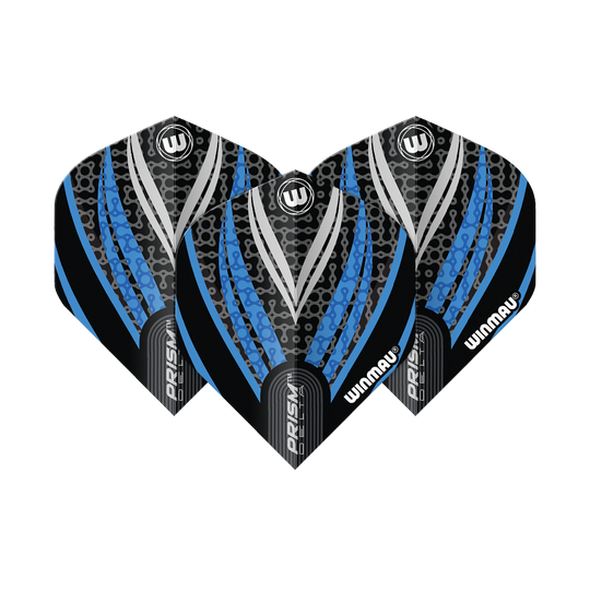 Letky Winmau Prism Delta černá bílá modrá č. 2 standardní Das Bild zeigt drei Dart-Flights des Modells "Winmau Prism Delta" in Schwarz, Weiß und Blau. Die Flights haben ein modernes, gemustertes Design mit den Markenaufschriften "Winmau" und "Prism Delta".