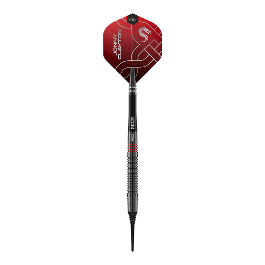 Red Dragon Jonny Clayton RD-ADV Softdarts - 18g Das Bild zeigt die Red Dragon Jonny Clayton RD-ADV Softdarts - 18g. Ein einzelner Softdart wird von oben präsentiert.
