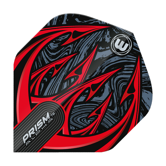 6915-195_Winmau_Prism_Alpha_Diablo_Standard_Flights_1xEMGQ1MIWV1Rk Das Bild zeigt ein Dartflight des Modells "Winmau Prism Alpha Diablo Standard Flights". Das Design ist auffällig mit roten, spitzen Mustern und einem schwarz-grauen Hintergrund.