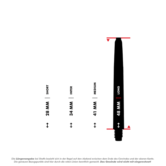 _McDart_Scope_Nylon_Shafts_5_48mm Das Bild zeigt die McDart Scope Nylon Shafts in vier verschiedenen Längen. Die Längen sind 28 mm (Short), 34 mm (Inter), 41 mm (Medium) und 48 mm (Long).