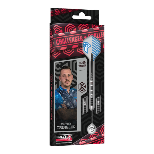 Dardos de acero Bulls Challenger Patrick Tringler - 21 g Zu sehen ist das Set Bulls Challenger Patrick Tringler Steeldarts mit 21g. Es handelt sich um hochwertige Steeldarts mit dem Namen des Profis Patrick Tringler.