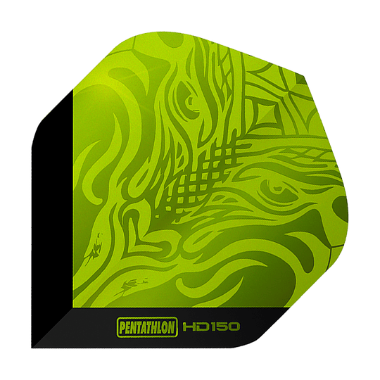 Pentathlon HD150 metalicky zelené standardní letky Das Bild zeigt ein Dart-Flight mit dem Namen "Pentathlon HD150 Metallic Grün Standard Flights". Das Flight ist grün mit einem abstrakten Muster und hat am Rand einen schwarzen Streifen mit gelber Schrift.