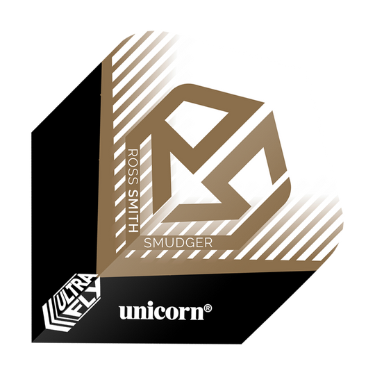 Letky Unicorn Ultrafly 100 Ross Smith Plus Das Bild zeigt ein Dartflight mit dem Namen "Unicorn Ultrafly 100 Ross Smith Plus Flights". Es ist in Schwarz, Weiß und Gold gestaltet und trägt den Namen "Ross Smith" sowie das Logo "Unicorn".