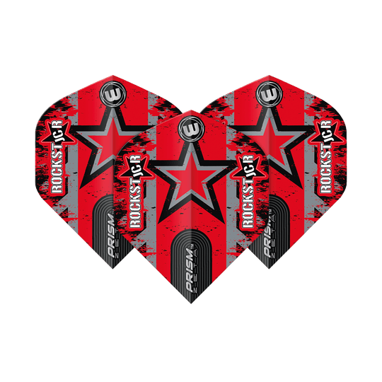 6915-319_Winmau_Prism_Zeta_Joe_Cullen_Star_Standard_Flights_1eGavUadQdkmug Das Bild zeigt drei rote Dartflights mit einem schwarzen Stern und dem Schriftzug "ROCKSTAR". Auf den Flights steht auch "PRISM ZETA" und das Winmau-Logo ist oben abgebildet.