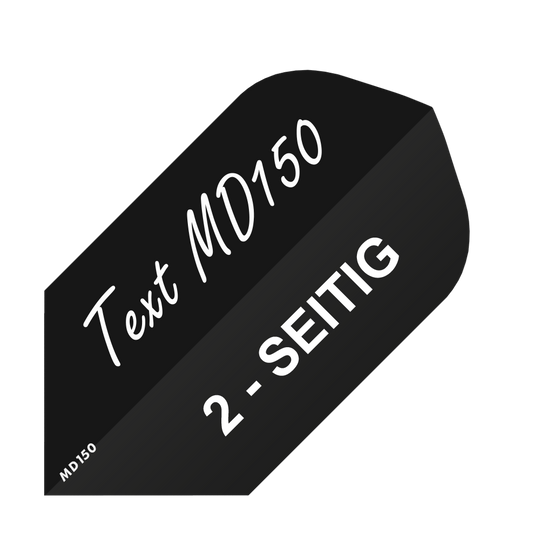 MD-250_2-Seitig_Bedruckte_Flights_Wunschtext_MD150_Schwarz_Slim_1 Das Bild zeigt ein schwarzes Dartflight mit weißem Text darauf. Auf dem Flight steht "Text MD150" und "2-SEITIG".