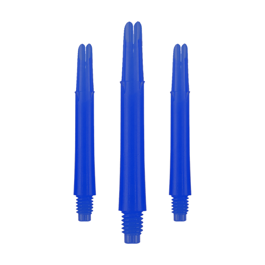 L-L-Style-Shafts Locked Straight - Blue Auf dem Bild sind drei blaue, gerade Dartschäfte zu sehen. Sie haben ein Schraubgewinde am unteren Ende und sind in einer Reihe angeordnet.