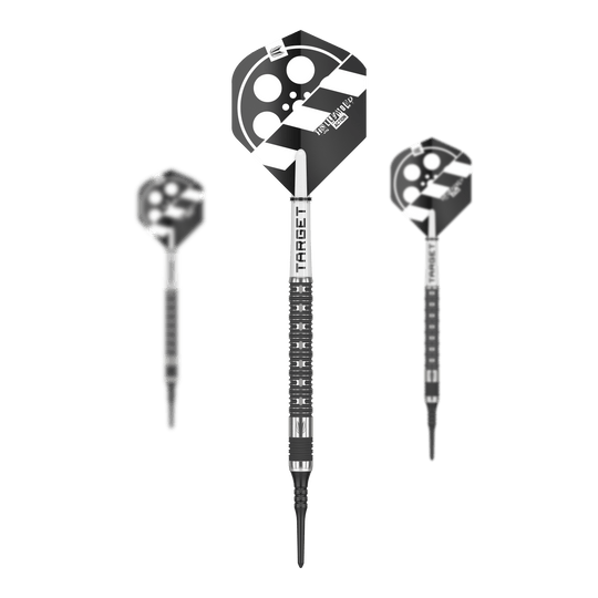 Target Chris Dobey Hollywood Action Softdarts - 20g Das Bild zeigt drei Softdarts des Produkts "Target Chris Dobey Hollywood Action Softdarts - 20g". Die Flights der Darts sind mit einem schwarz-weißen Hollywood-Design verziert.