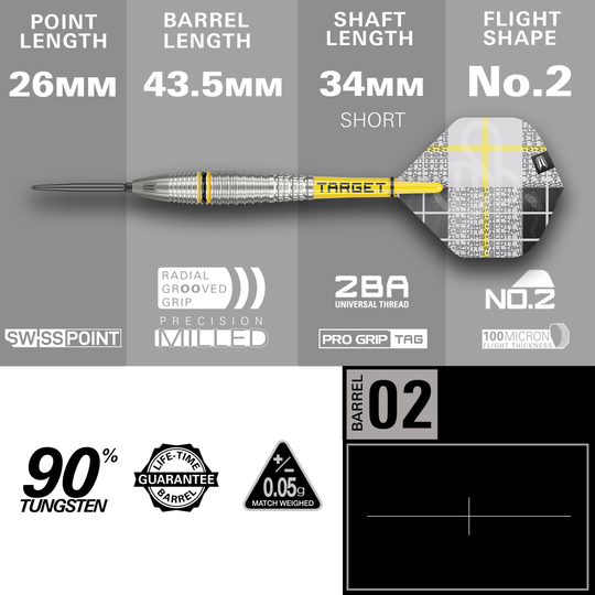 Dardos de acero Target Scott Williams GEN2 Swiss Point Das Bild zeigt den Target Scott Williams GEN2 Swiss Point Steeldart mit technischen Angaben zu den einzelnen Komponenten. Die wichtigsten Merkmale sind 26 mm Spitzenlänge, 43,5 mm Barrel-Länge, 34 mm Schaftlänge und 90 % Tungsten-Anteil.