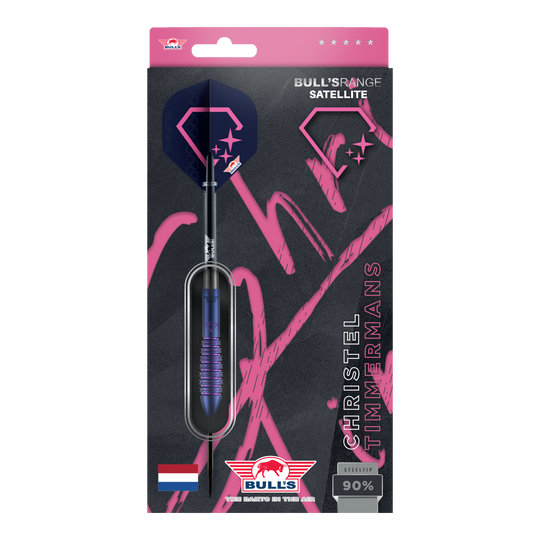 Bulls NL Christel Timmermans Satellite 90 ocelové šipky 25g Die Bulls NL Christel Timmermans Satellite 90 Steeldarts 25g sind auf dem Bild abgebildet. Es handelt sich um hochwertige Steeldarts für Präzision und Leistung.