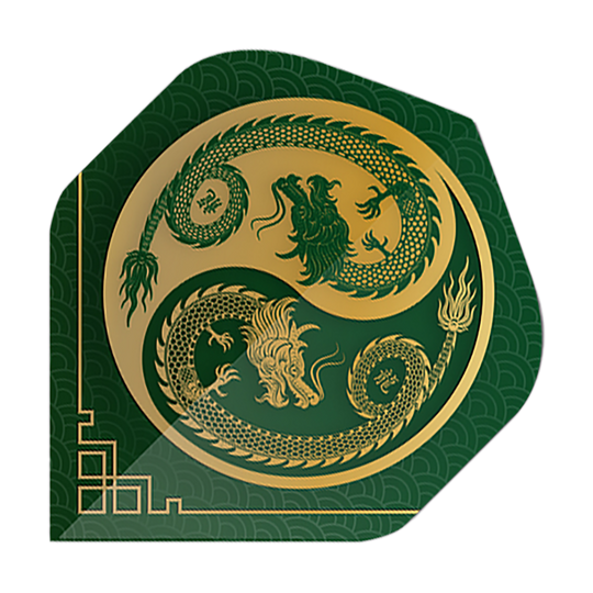 Pentathlonové lety Dragon green Das Bild zeigt einen Pentathlon Dragon 3 Standard Flight in Grün mit einem goldenen Drachenmotiv. Das Design ist detailreich und erinnert an ein asiatisches Kunstwerk.