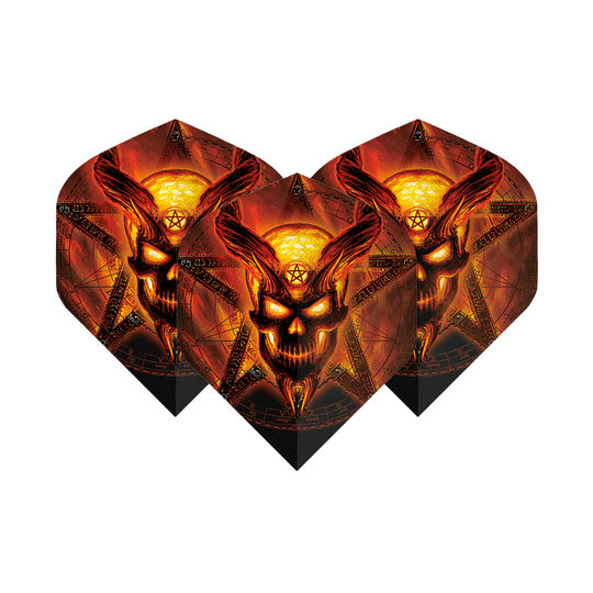 Standardní lety pro Alchemy Burning Temple No2 Die Abbildung zeigt drei Dart-Flights mit einem brennenden, dämonischen Totenkopf-Design vor einem Pentagramm. Die Farben sind hauptsächlich feuriges Rot und Gelb, was dem Produkt ein auffälliges und dramatisches Aussehen verleiht.