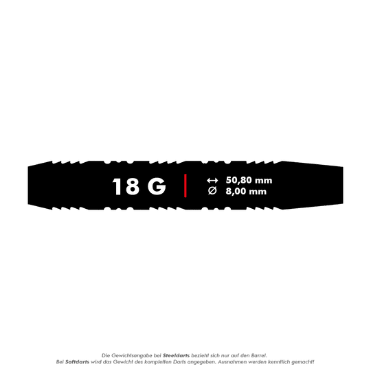 2236_Winmau_Outrage_V2_Black_Coated_Softdarts_5_18g Das Bild zeigt die Produktdaten der "Winmau Outrage V2 Black Coated Brass Softdarts - 18g". Die Darts wiegen 18 Gramm und haben eine Länge von 50,80 mm sowie einen Durchmesser von 8,00 mm.