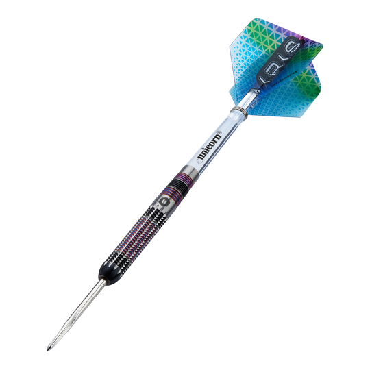 Ocelové šipky Unicorn Iris Unicorn Iris Steeldarts sind als Set abgebildet. Die Darts haben eine auffällige Form.