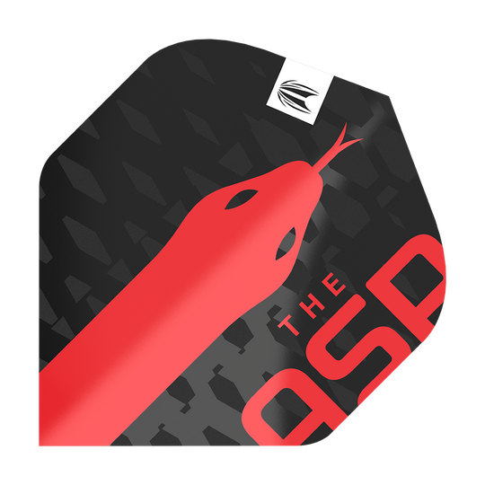 Target Pro Ultra Nathan Aspinall No2 Standard Flights - 3 sady Das Bild zeigt ein Dartflight-Design mit einem roten Schlangenmotiv auf schwarzem Hintergrund. In einer Ecke steht der Text "THE ASP" in roten Buchstaben.