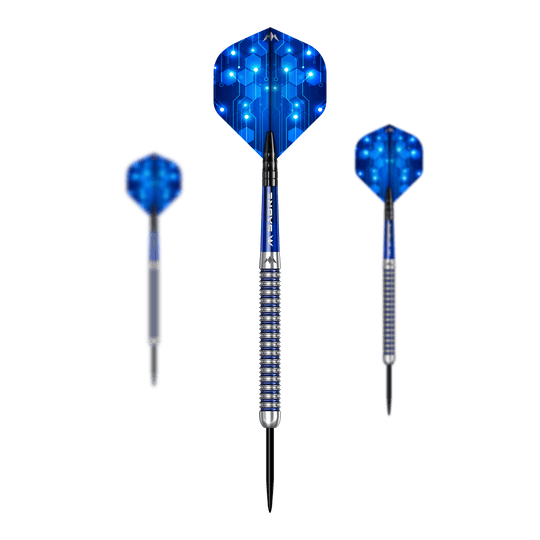 Mission ION Blue Silver steel darts Hier ist das Set Mission ION Blue Silver Steeldarts dargestellt. Es handelt sich um hochwertige Steeldarts in Blau und Silber.