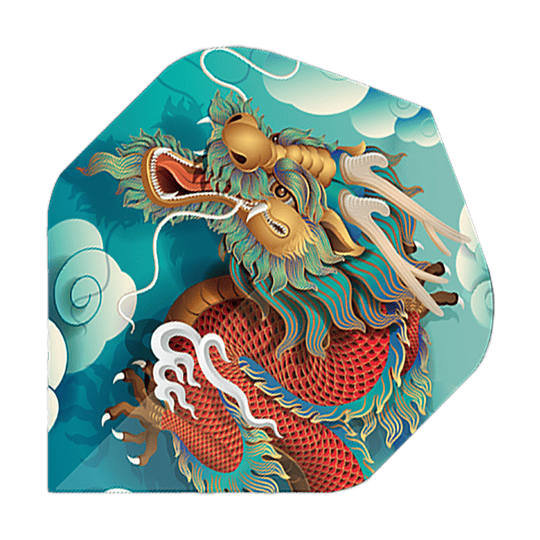 Lety do pětiboje Dragon Das Bild zeigt ein Dart-Flight mit einem bunten Drachenmotiv auf blauem Hintergrund. Es handelt sich um das Produkt "Pentathlon Dragon 5 Standard Flights".
