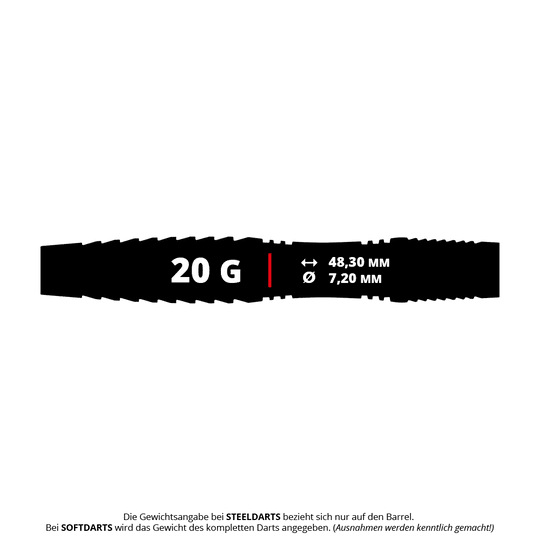 Šipky Red Dragon Seren 3 Pure Softdarts - 20g Das Bild zeigt den Red Dragon Seren 3 Pure Softdart mit einem Gewicht von 20 Gramm. Die Länge beträgt 48,30 mm und der Durchmesser 7,20 mm.