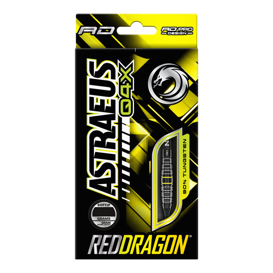 Red Dragon Astraeus Q4X Torpedo Softdarts - 20g Die Verpackung zeigt die "Red Dragon Astraeus Q4X Torpedo Softdarts" mit einem Gewicht von 20g. Das Design ist in Schwarz und Gelb gehalten und hebt hervor, dass die Darts aus 90% Tungsten bestehen.