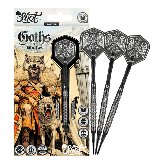 Dardos blandos Shot Goths Wulfaz - 20 g Abgebildet sind die Shot Goths Wulfaz Softdarts - 20g in einer Gesamtansicht. Sie sind perfekt für Softdartspieler geeignet.