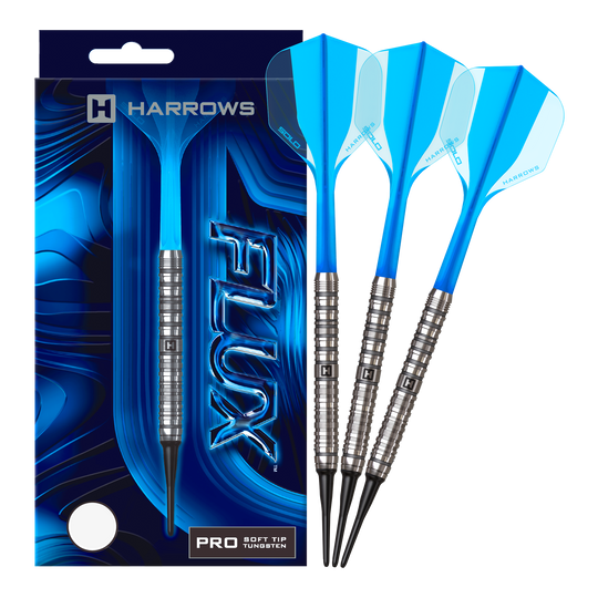 Harrows Flux Softdarts mit 20g werden voll abgebildet. Die Darts sind fein gearbeitet und elegant.