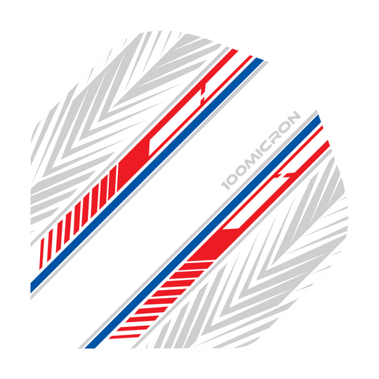 Letky pro pětiboj bílé/červené/modré Das Bild zeigt ein Dartflight in Weiß mit roten und blauen Streifen. Auf dem Flight steht „100 Micron“ und es hat ein geometrisches Muster im Hintergrund.