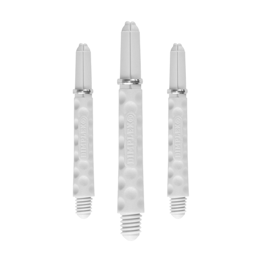 Harrows Dimplex Shafts - Weiß Auf dem Bild sind drei weiße Dart-Schäfte mit dimplex Struktur zu sehen. Sie stehen nebeneinander, wobei der mittlere Schaft etwas länger ist als die beiden äußeren.