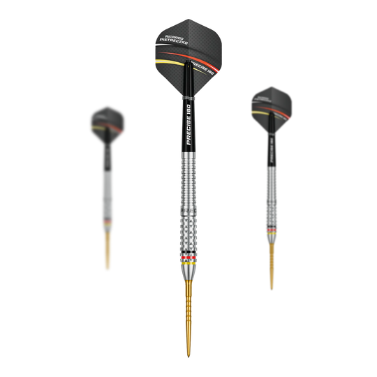 Dardos de acero Precise 180 Ricardo Pietreczko GEN1 Das Bild zeigt ein Set der Precise 180 Ricardo Pietreczko GEN1 Steeldarts. Enthält mehrere Steeldarts für Wettkämpfe oder Training.