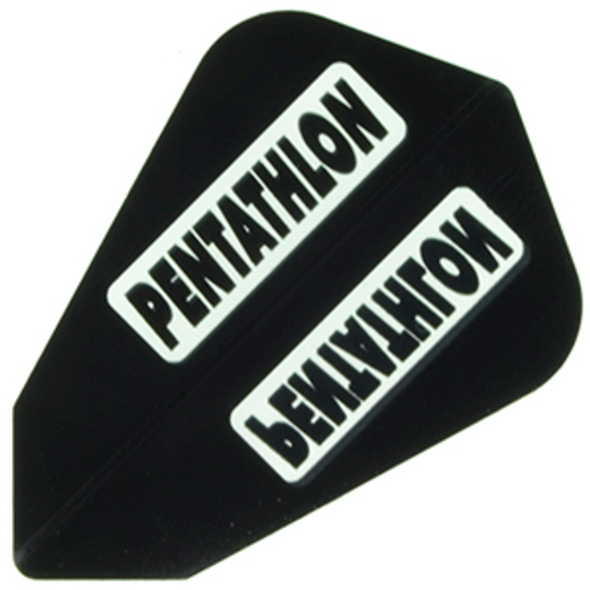 p46 Das Bild zeigt das Produkt "Pentathlon Flights P46". Es handelt sich um ein schwarzes Dart-Flight mit dem weißen Schriftzug "PENTATHLON".