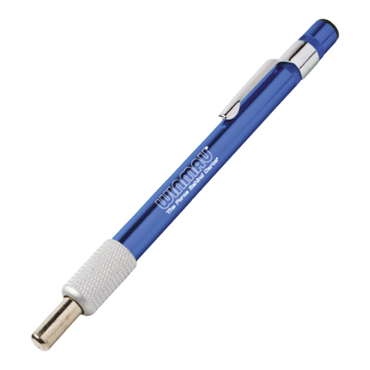 Ein blauer Schleifstein für Dartspitzen ist abgebildet. Das Produkt dient dazu, die Spitzen von Darts zu schärfen.