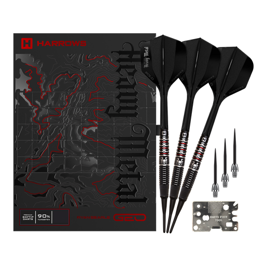 Harrows Ryan Searle Geo Softdarts mit 20g Gewicht werden präsentiert. Sie sind silberfarben und filigran gestaltet.
