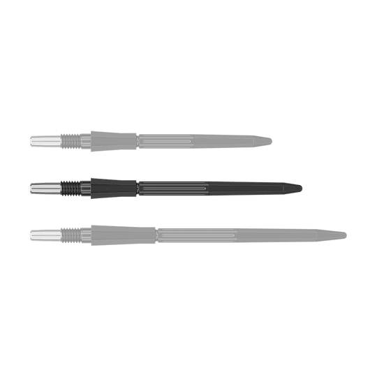 Target Elysian Archetype 43 Swiss Point Steeldartspitzen - Schwarz Ein schwarzer Dartspitzenaufsatz ist auf dem Bild zu sehen. Die Spitze ist 35 mm lang.