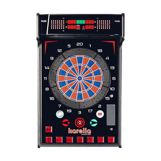 Karella_E-Master_Dartautomat_Wandmontage_Ohne_M-nzeinwurf_1 Das Bild zeigt den Karella E-MASTER Dartautomaten ohne Münzeinwurf. Die Dartscheibe ist elektronisch und hat ein digitales Anzeigefeld sowie mehrere Bedientasten.