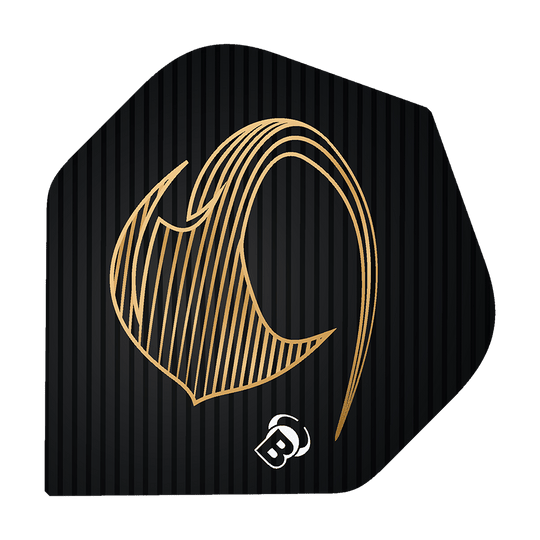 Bulls Metrixx Stingray No2 Voli Standard Das Bild zeigt ein schwarzes Dart Flight mit einem goldenen, stilisierten Stingray-Design. Unten ist ein kleines weißes "B" Logo abgebildet.