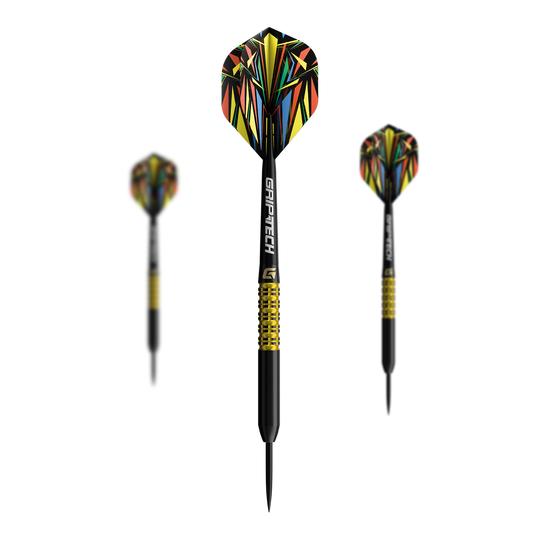 Šipky GOAT Athlete žluté wolframové oceli Das Bild zeigt einen gelben Tungsten-Steeldart. Das Produkt ist unter dem Namen 'GD7000770 GOAT Athlete Yellow Tungsten Steeldarts 1 Set' bekannt.