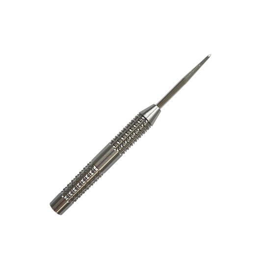 Canne per freccette in acciaio SilverGrip McDart Das Bild zeigt einen silbernen Steeldart-Barrel mit feinem Rillenmuster für besseren Halt. Es handelt sich um das Produkt "McDart SilverGrip Steeldart Barrels".
