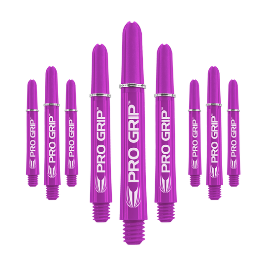 Tiges Target Pro Grip - 3 jeux - Violet Das Bild zeigt neun lilafarbene Dartshafts mit der Aufschrift "PRO GRIP". Sie sind in drei Reihen angeordnet und stehen aufrecht nebeneinander.