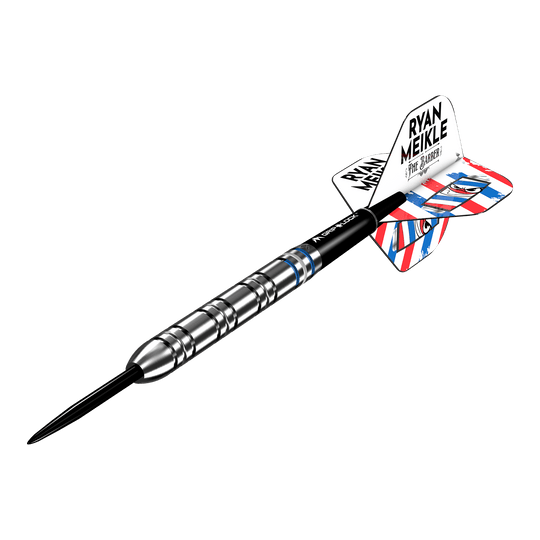 Das Bild zeigt die Mission Ryan Meikle The Barber Steeldarts - 23g. Es handelt sich um professionelle Steeldarts mit hoher Genauigkeit.