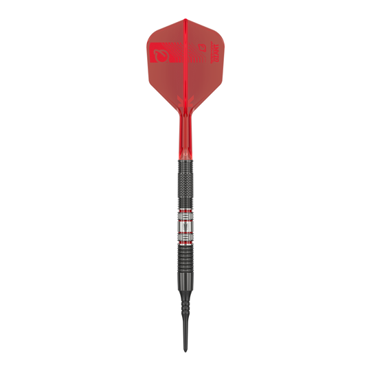 Target Gabriel Clemens 95K Softdarts - 19g Das Bild zeigt einen Softdartpfeil des Modells „Target Gabriel Clemens 95K Softdarts - 19g“. Der Pfeil hat eine rote Flight, einen schwarzen Griffbereich und eine schwarze Spitze.