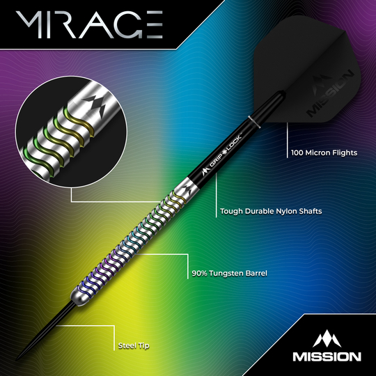 Ocelové šipky Mission Mirage Mission Mirage Steeldarts sind für das Dartspiel entwickelt. Diese Aufnahme stellt das Modell in Nahaufnahme dar.