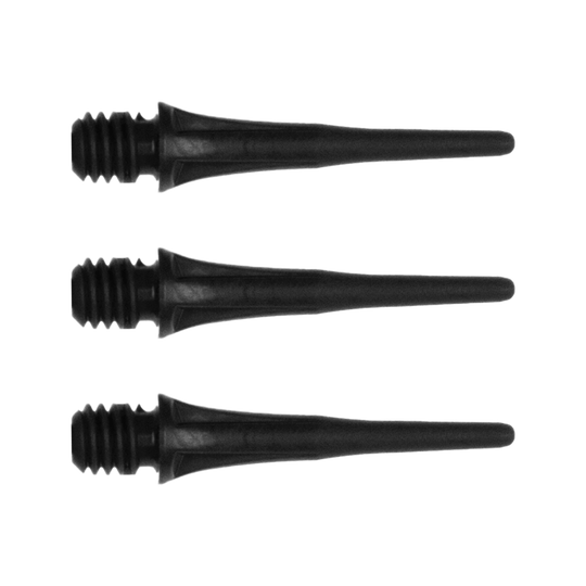 X9078_Cosmo_Fit_Point_Plus_2BA_Spitzen_Schwarz_1 Das Bild zeigt drei schwarze Dartspitzen mit Schraubgewinde. Sie sind nebeneinander auf weißem Hintergrund angeordnet.