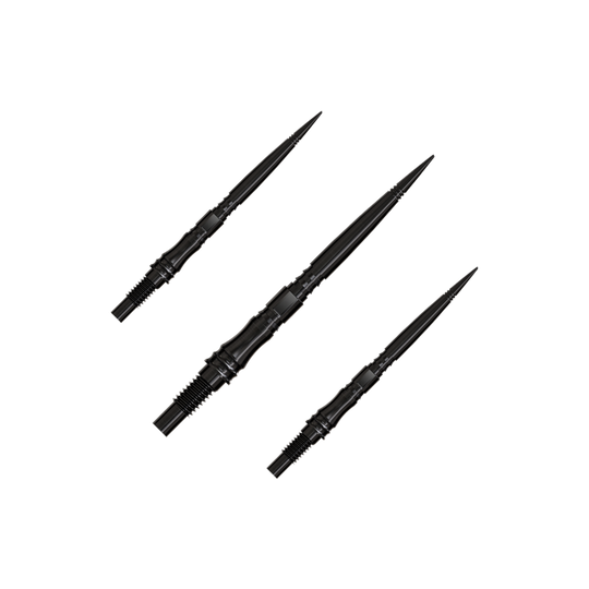 Apex Axis Black Elite Series Dartspitzen in 30mm werden gezeigt. Sie sind schwarz und technisch ausgeführt.
