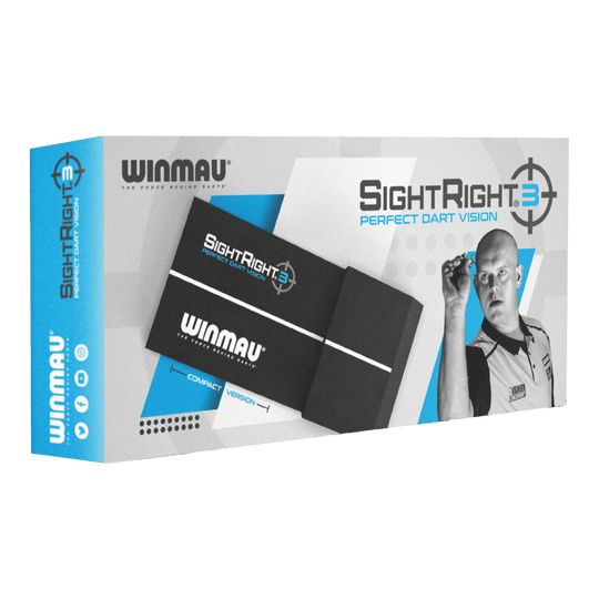 Winmau SightRight 3 - Compact Die Abbildung zeigt die Verpackung des Produkts "Winmau SightRight 3 - Compact". Auf der Box ist ein Dartspieler zusammen mit dem Produkt abgebildet, das für perfektes Dart-Zielen entwickelt wurde.