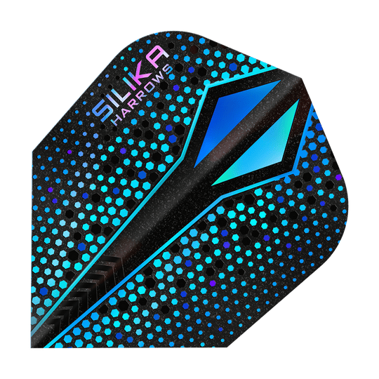 Plumas Harrows Silika Colorshift con revestimiento cristalino resistente Blue-X No6 Das Bild zeigt ein Dart-Flight mit dem Namen "Harrows Silika Colourshift Tough Crystalline Coating Blue-X No6". Das Flight hat ein modernes Design mit blauen und schwarzen hexagonalen Mustern und einer glänzenden Oberfläche.
