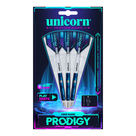 Dardos de acero paralelos Unicorn Prodigy 01 Das Bild zeigt die Verpackung der "Unicorn Prodigy 01 Parallel Steeldarts". Drei blaue Steeldarts sind in einer modernen, futuristisch gestalteten Packung präsentiert.