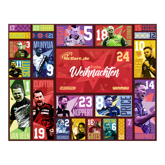 McDart Steel-Darts Adventskalender 2026 Der McDart Steel-Darts Adventskalender 2026 ist auf diesem Bild zu sehen. Die Verpackung zeigt attraktive Darts-Motive und weihnachtliches Design.