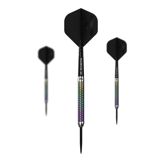 Mission Kaleidos Steeldarts Zu sehen ist ein Set der Mission Kaleidos Steeldarts. Mehrere Darts liegen nebeneinander aufgereiht.