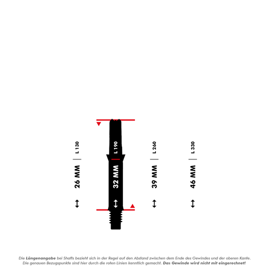 Wałki L-L-Style-Shafts Silent Straight - czarne Das Bild zeigt vier unterschiedlich lange Dartschäfte mit den Längen 26 mm, 32 mm, 39 mm und 46 mm, die jeweils mit roten Linien markiert sind. Darunter steht eine Erklärung, dass die angegebene Länge jeweils ohne das Gewinde gemessen wird.