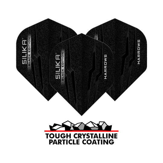 Voli standard Harrows Silika Black Edition No2 Das Bild zeigt drei schwarze Harrows Silika Black-Edition No2 Standard Flights. Unten steht der Schriftzug „Tough Crystalline Particle Coating“ mit einer Grafik von Kristallen.